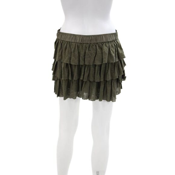 Flannel Womens Drawstring Tiered Ruffled Knit Short Green Linen Size 2 - Picture 3 of 7
